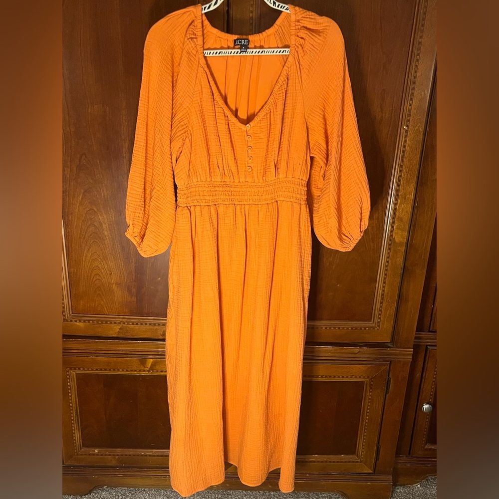 J. Crew Bright Orange Textured Midi Dress- has pockets!